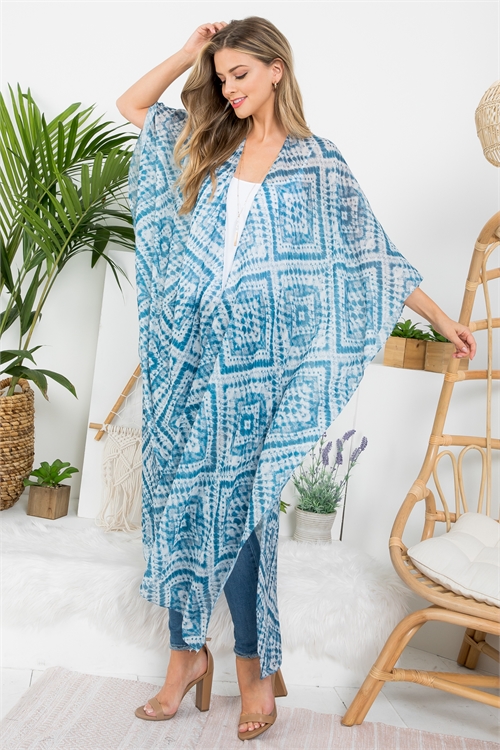 S22-8-2-HDF3659 - DIAMOND PATTERN PRINT BOHEMIIAN OPEN FRONT LONG KIMONO - BLUE/6PCS (NOW $6.75 ONLY!)