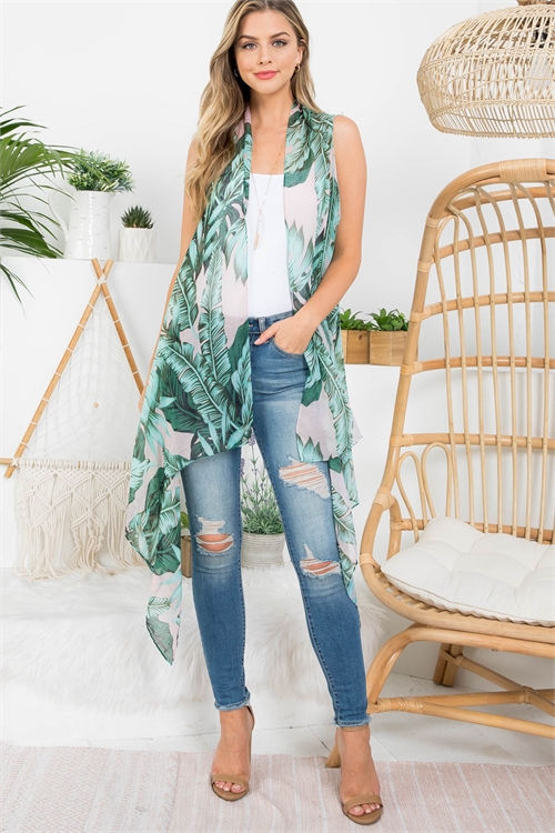 S17-10-3-HDF3669 - TROPICAL LEAF PRINT BOHEMIIAN OPEN FRONT KIMONO VEST - GREEN/6PCS