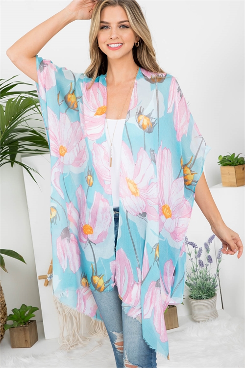 S24-7-5-HDF3670LBL - FLOWER PRINT BOHEMIIAN OPEN FRONT KIMONO - LIGHT BLUE/6PCS