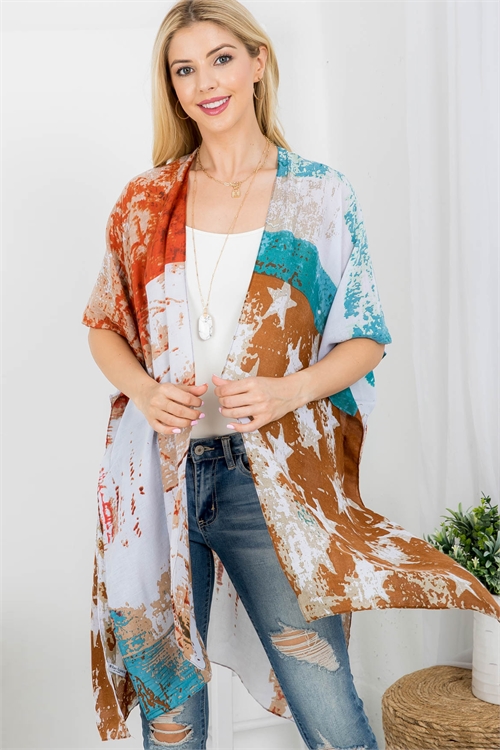 S24-6-4-HDF3758BR - VINTAGE AMERICAN FLAG ACCENT OPEN FRONT KIMONO-BROWN/6PCS