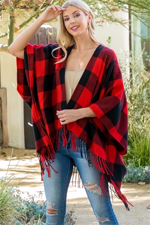 S21-10-6-HDF3832RD - PLAID OPEN FRONT  FRINGE KIMONO-RED/6PCS (NOW $7.25 ONLY!)