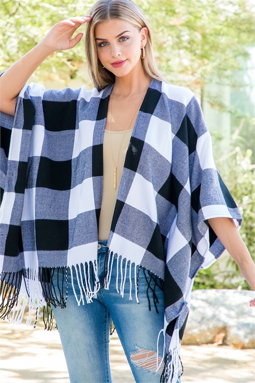 S18-9-1-HDF3833BK - PLAID OPEN FRONT  FRINGE KIMONO-BLACK/6PCS (NOW $7.25 ONLY!)