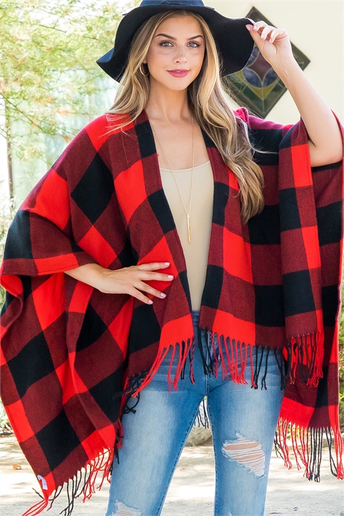 A3-6-4-HDF3833RD -  PLAID OPEN FRONT  FRINGE KIMONO-RED/6PCS (NOW $7.25 ONLY!)