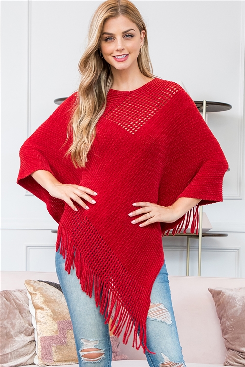 S21-4-5-HDF3834RD - CROCHET NET FRINGE PONCHO-RED/6PCS (NOW $ 5.75 ONLY!)