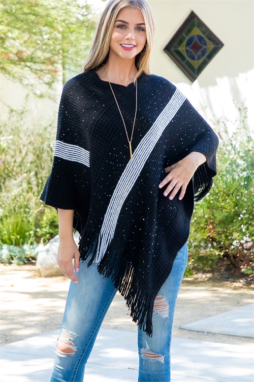 S8-11-1-HDF3835BK - STRIPE KNIT FRINGE PONCHO-BLACK/6PCS (NOW $4.50 ONLY!)