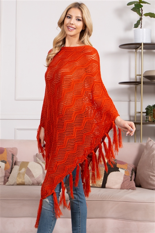 S22-4-4-HDF3838BRI-KNITTED NET WAVE PATTERN FRINGE  TASSEL PONCHO-BRICK/6PCS