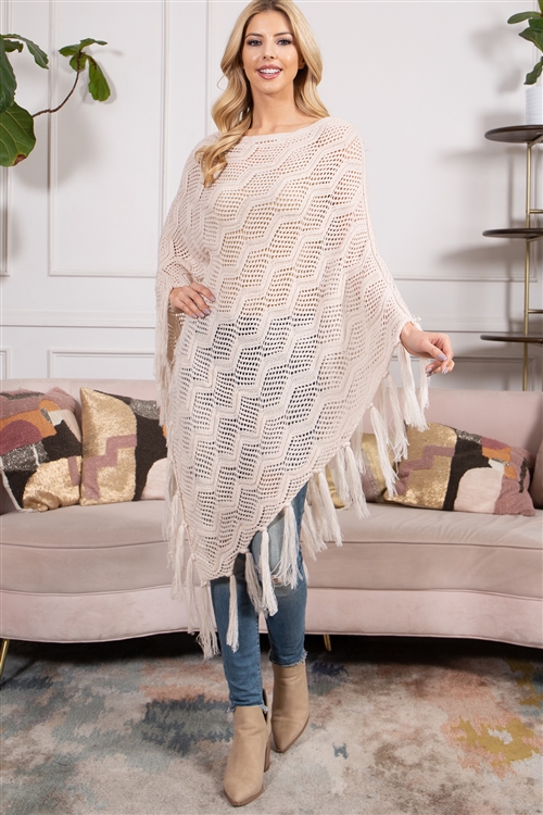 S18-9-1-HDF3838IV-KNITTED NET WAVE PATTERN FRINGE  TASSEL PONCHO-IVORY/6PCS (NOW $5.75 ONLY!)