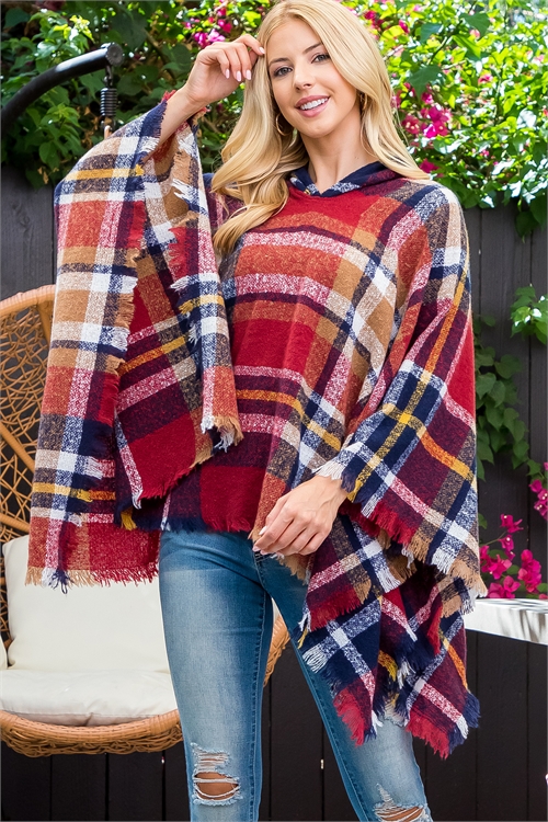 S28-7-2-HDF3840-6- WARMER KNITTED PLAID HOODED PONCHO-RED MULTICOLOR/6PCS