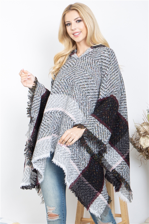 S28-6-1-HDF3844BG - WARMER KNITTED BORDER LINE HOODED PONCHO-BEIGE MIX/6PCS (NOW $6.75 ONLY!)