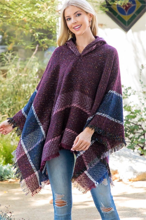 S25-8-1-HDF3844BU- WARMER KNITTED BORDER LINE HOODED PONCHO-BURGUNDY MIX/6PCS (NOW $6.75 ONLY!)