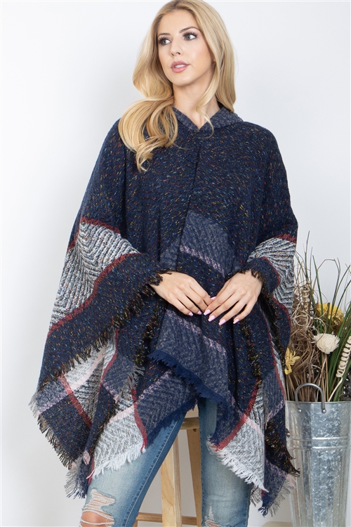 S27-4-1-HDF3844NV - WARMER KNITTED BORDER LINE HOODED PONCHO-NAVY MIX/6PCS (NOW $6.75 ONLY!)