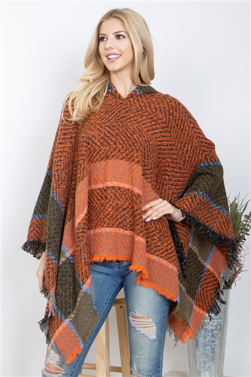 S25-1-1-HDF3844OR - WARMER KNITTED BORDER LINE HOODED PONCHO-ORANGE MIX/6PCS (NOW $6.75 ONLY!)