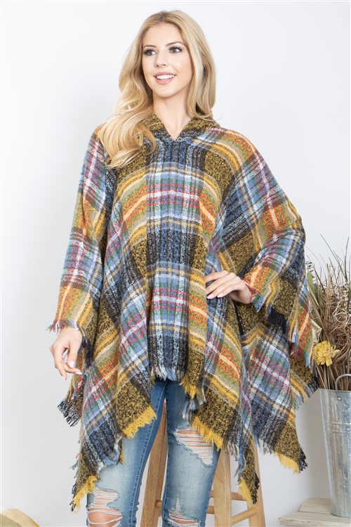 A1-1-1-HDF3845YW - WARMER KNITTED PLAID HOODED PONCHO-YELLOW/6PCS