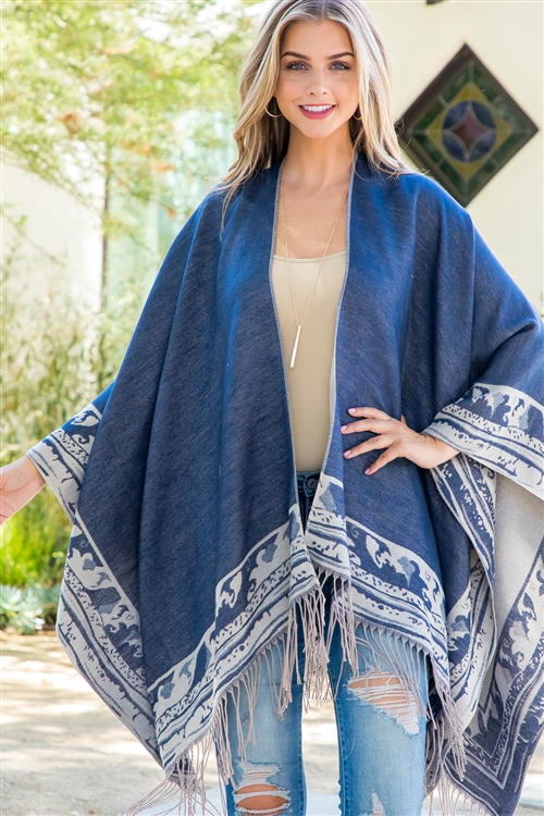 S20-9-6-HDF3848BL- BORDER LINE WARMER KIMONO WRAP-BLUE/6PCS