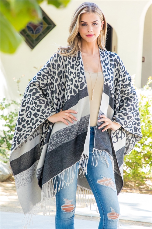 S2-9-1-HDF3850BK- STRIPE LEOPARD FRINGE KIMONO WRAP-BLACK/6PCS