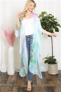 S26-3-1-HDF3914GR - TIE DYE MULTICOLOR SPLATTER LINE PRINT OPEN FRONT LONG KIMONO-GREEN/6PCS (NOW $5.00 ONLY!)