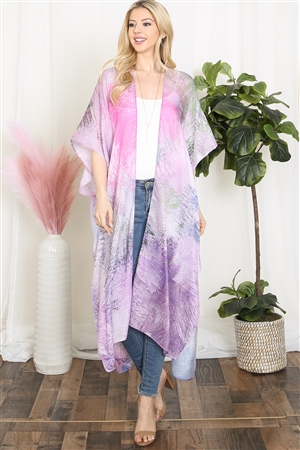 S22-3-1-HDF3914PU - TIE DYE MULTICOLOR SPLATTER LINE PRINT OPEN FRONT LONG KIMONO-PURPLE/6PCS (NOW $5.00 ONLY!)