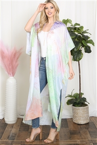 S26-3-1-HDF3914YW - TIE DYE MULTICOLOR SPLATTER LINE PRINT OPEN FRONT LONG KIMONO-YELLOW GREEN/6PCS (NOW $5.00 ONLY!)