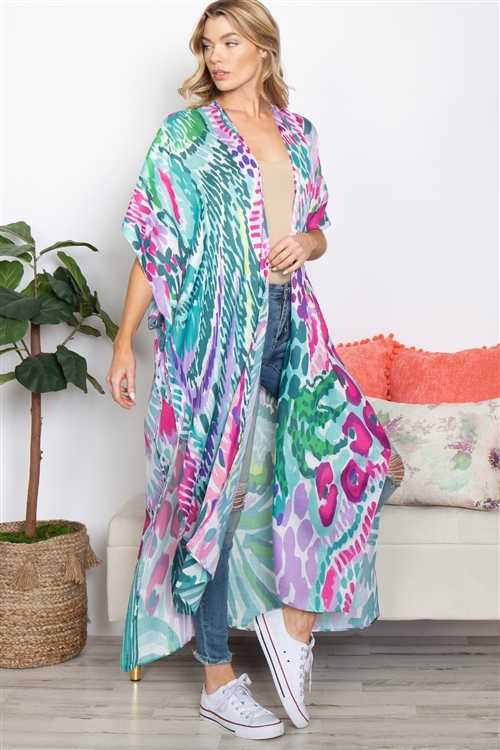 S25-8-1-HDF3915 - TROPICAL PRINT SUMMER LONG KIMONO-MULTICOLOR/6PCS