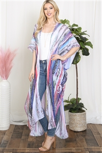 S3-7-2-HDF3920BL - GRAIN LINE MULTICOLOR PRINT OPEN FRONT LONG KIMONO-BLUE/6PCS (NOW $5.00 ONLY!)