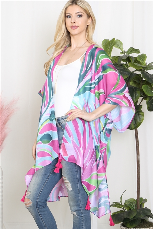 A3-3-3-HDF3921FS - ABSTRACT TROPICAL PRINT TASSEL OPEN FRONT KIMONO-FUCHSIA/6PCS