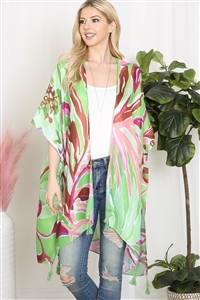 S2-4-3-HDF3921GR - ABSTRACT TROPICAL PRINT TASSEL OPEN FRONT KIMONO-GREEN/6PCS