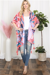 A3-3-1-HDF3921OR - ABSTRACT TROPICAL PRINT TASSEL OPEN FRONT KIMONO-ORANGE/6PCS