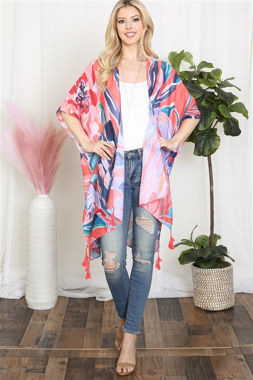 A3-3-1-HDF3921OR - ABSTRACT TROPICAL PRINT TASSEL OPEN FRONT KIMONO-ORANGE/6PCS