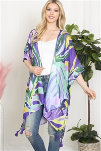 A3-3-3-HDF3921PU - ABSTRACT TROPICAL PRINT TASSEL OPEN FRONT KIMONO-PURPLE/6PCS