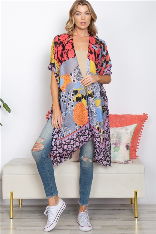 S26-8-5-HDF3922BK - MULTI PATTERN FLOWER OPEN FRONT KIMONO -BLACK/6PCS (NOW $4.50 ONLY!)