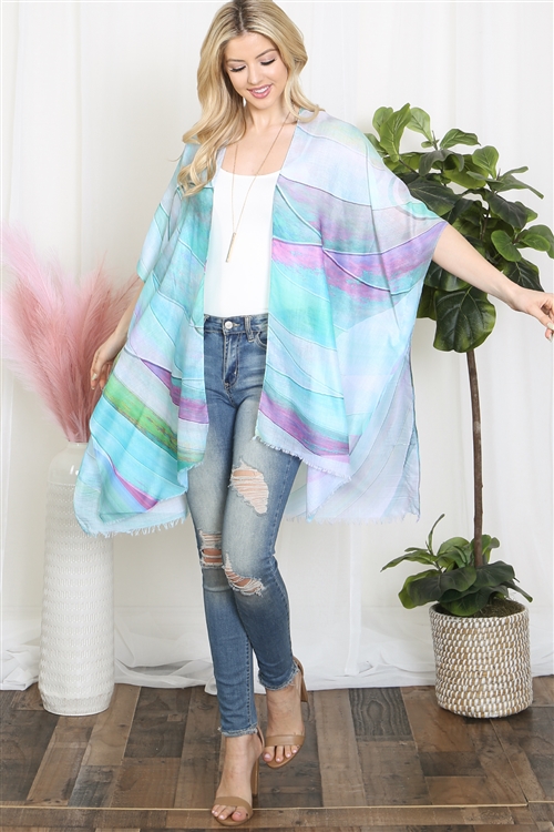 C-1-HDF3940GR - MULTICOLOR ABSTRACT PRINT TASSEL OPEN FRONT KIMONO-GREEN/6PCS (NOW $4.50 ONLY!)