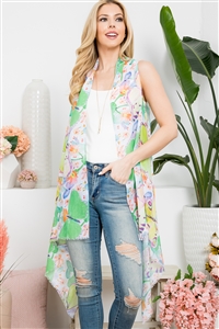 S26-8-5-HDF3941GR-1 - TROPICAL FLOWER PRINT OPEN FRONT KIMONO VEST-GREEN/1PC (NOW $3.25 ONLY!)