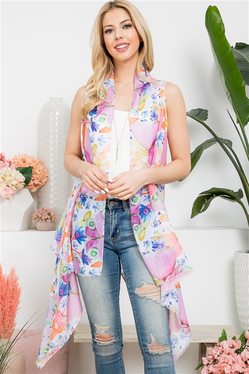 S26-8-5-HDF3941LPK - TROPICAL FLOWER PRINT OPEN FRONT KIMONO VEST-LIGHT PINK/1PC