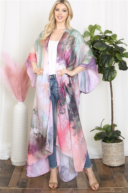 SA4-7-1-HDF3943PK - TIE DYE ABSTRACT PRINT LONG KIMONO-PINK/6PCS (NOW $5.00 ONLY!)