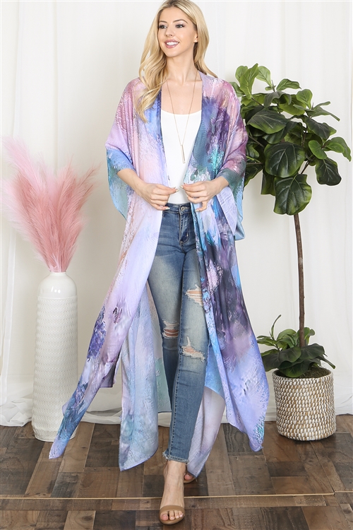 S25-1-1-HDF3943TQ - TIE DYE ABSTRACT PRINT LONG KIMONO-TURQUOISE/6PCS (NOW $5.00 ONLY!)