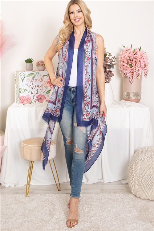 S28-8-4-HDF3944BL - BOHO FLOWER PRINT KNEE LENGTH KIMONO VEST-BLUE/6PCS