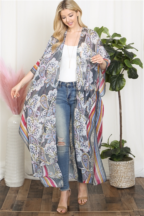 S27-1-2-HDF3947GY - PAISLEY PRINT WITH BORDER LINE BOHO LONG KIMONO-GRAY/6PCS