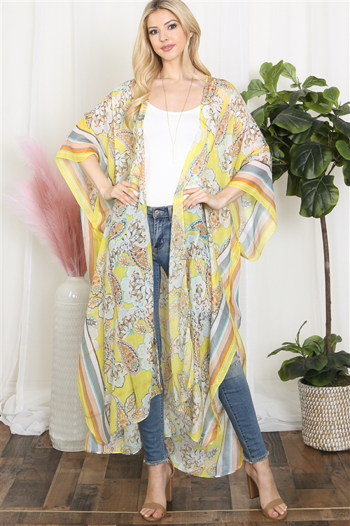 S27-1-2-HDF3947YW - PAISLEY PRINT WITH BORDER LINE BOHO LONG KIMONO-YELLOW/6PCS