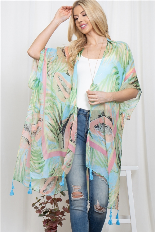 C-1-HDF3948 -  BOHO TROPICAL PRINT OPEN FRONT TASSEL  KIMONO-GREEN/6PCS