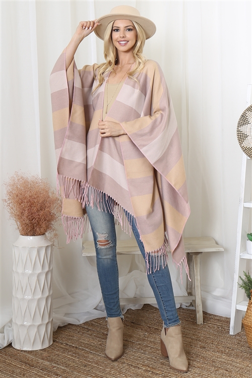 S2-10-2-HDF3984KA - STRIPE PRINT OPEN FRONT FRINGE KIMONO-KHAKI /6PCS (NOW $8.75 ONLY!)