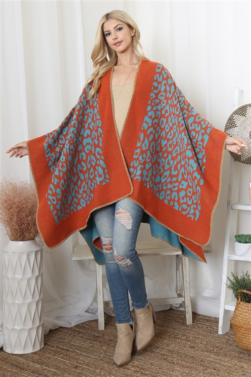 S24-1-4-HDF3987TQ-1 - BORDER LINE LEOPARD PRINT WARMER OPEN FRONT KIMONO-TURQUOISE/1PC