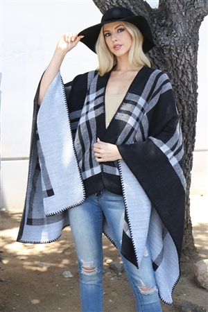 S9-11-1-HDF3989BK - PLAID KNIT WARMER OPEN FRONT KIMONO-BLACK/6PCS  (NOW $8.75 ONLY!)