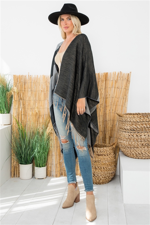 S26-1-1-HDF3995BK - STRIPES PRINT FRINGE OPEN FRONT KIMONO-BLACK/6PCS (NOW $8.75 ONLY!)