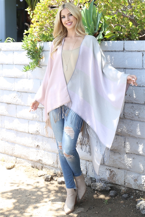 S26-1-1-HDF3995PK - STRIPES PRINT FRINGE OPEN FRONT KIMONO-PINK/6PCS (NOW $8.75 ONLY!)