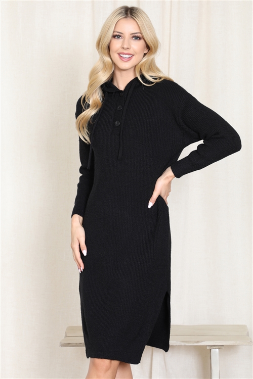 S25-3-4-HDF4001BK - HOODED LONG SLEEVE TUNIC DRESS WITH SLIT-BLACK/6PCS