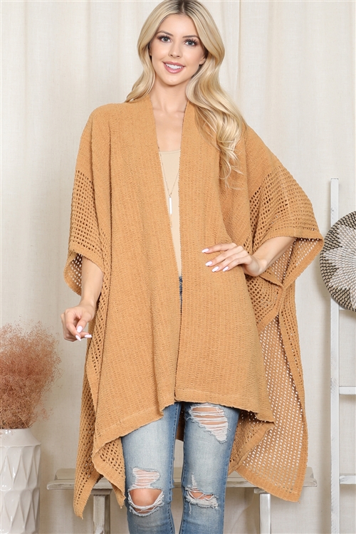 S3-7-1-HDF4006LBR - CROCHET WITH SEE THROUGH BORDER LINE OPEN FRONT KIMONO-LIGHT BROWN/6PCS