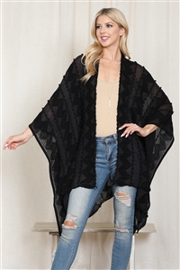 S2-6-2-HDF4007BK - ZIG ZAG POMPOM OPEN FRONT KIMONO--BLACK/6PCS  (NOW $9.75 ONLY!)