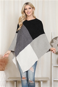 S24-4-3-HDF4009BKGY - KNITTED GEOMETRIC SQUARE MULTI COLOR  PONCHO-BLACK GRAY/6PCS