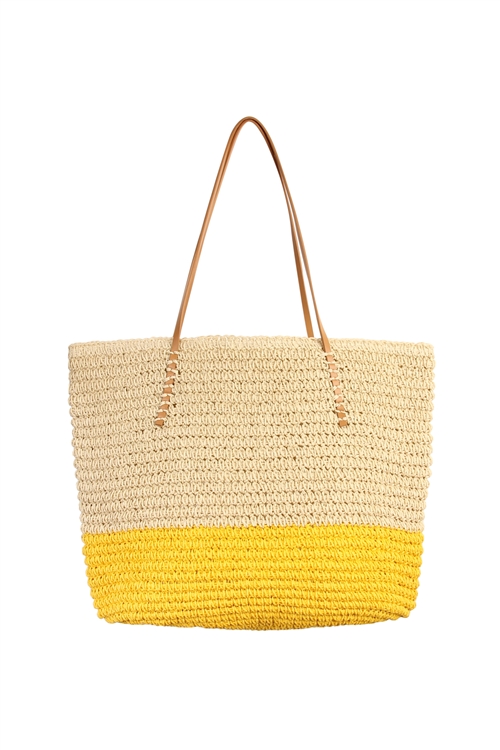 S20-3-2-HDG1858YW- STRAW LEATHER STRAP TOTE BEACH  BAG- YELLOW/6PCS