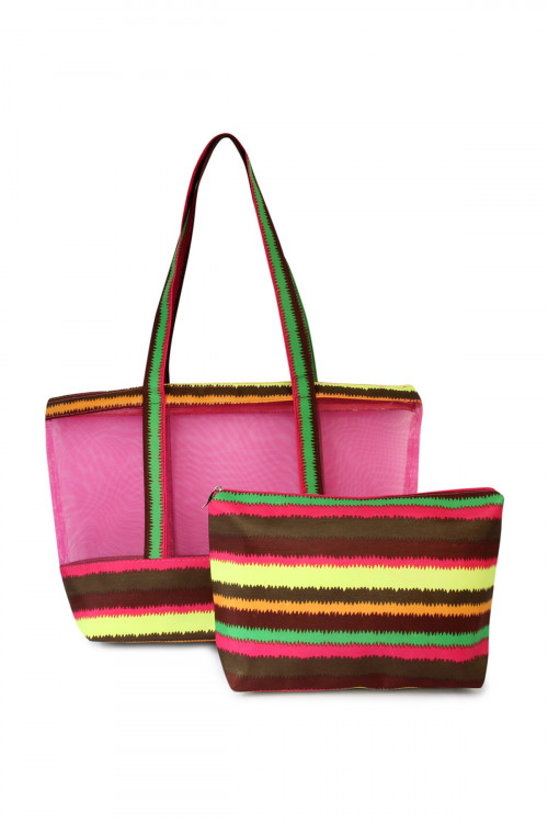 S7-6-1-HDG2037FS FUCHSIA MULTI STRIPED SHOULDER BAG AND POUCH SET/6SETS